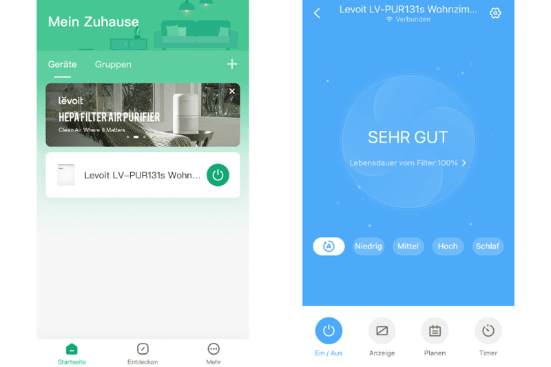 VeSync App ist mit dem Levoit LV-PUR131s Luftreiniger verbunden. Man sieht Interface und Einstellungsmöglichkeiten